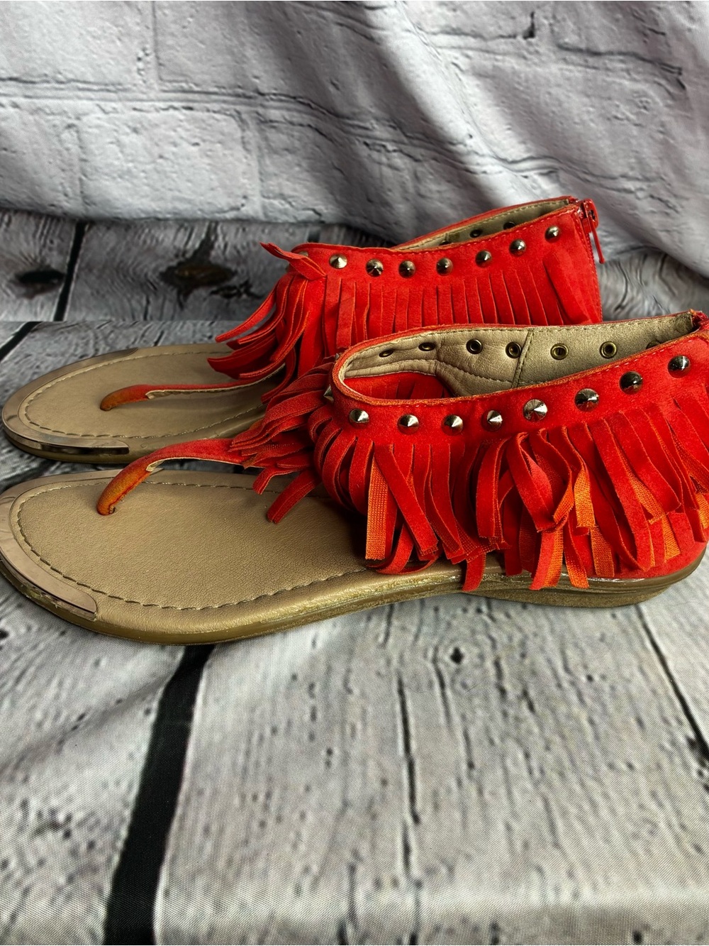 Heritage Red Fringe Studded Sandals